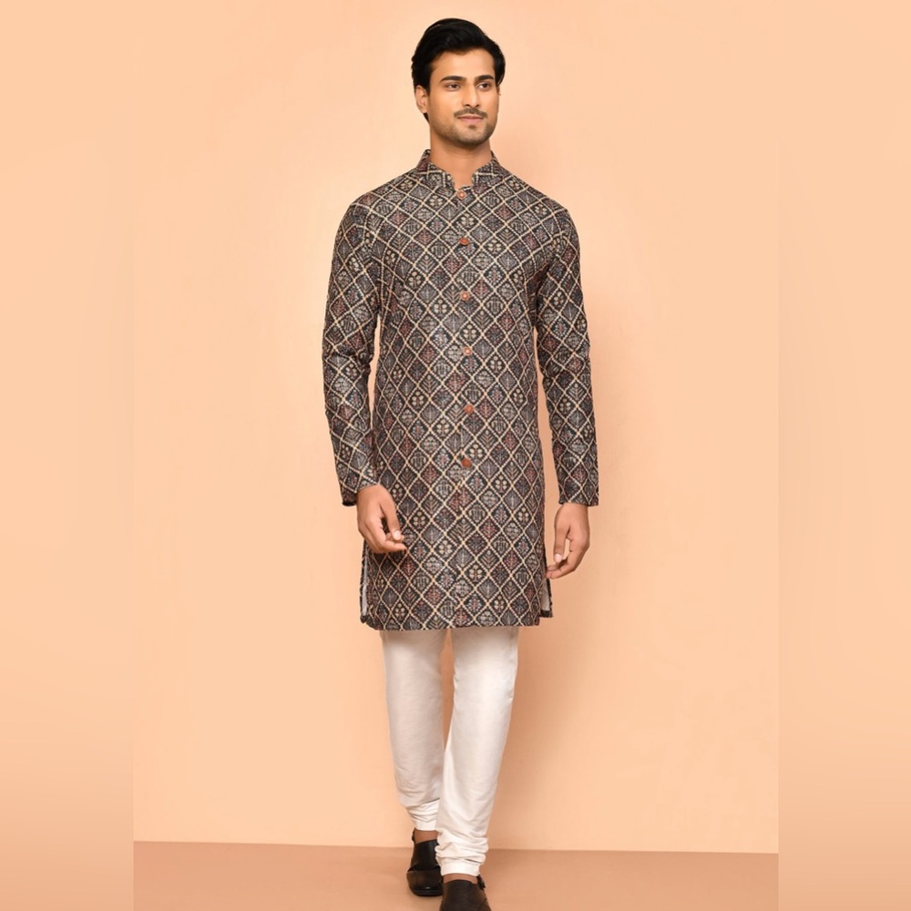 Men's Patterned Kurta with White Pants